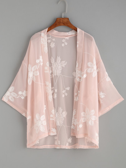 Kimono avec broderie motif fleur - rose