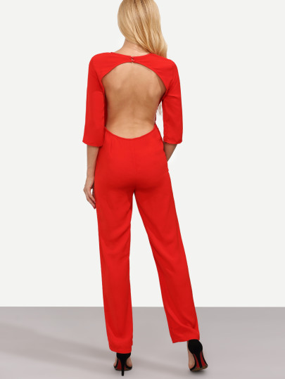 Red Long Sleeve Backless Jumpsuit
