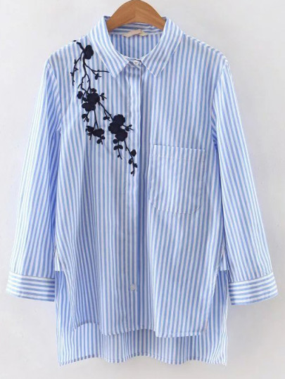 Bluse Vorne Kurz Hinten Lang mit Streifen - blau