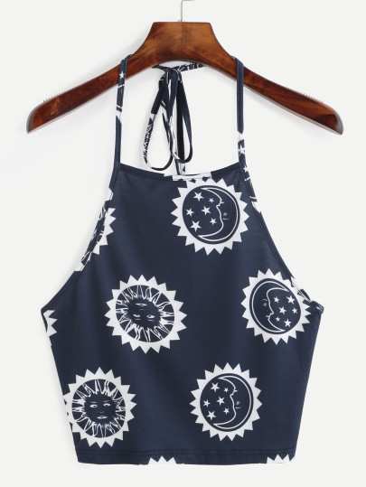Print Halter Neck Backless Crop Cami Top