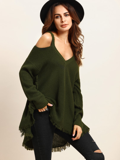 Cold Shoulder Fringe Hem Sweater
