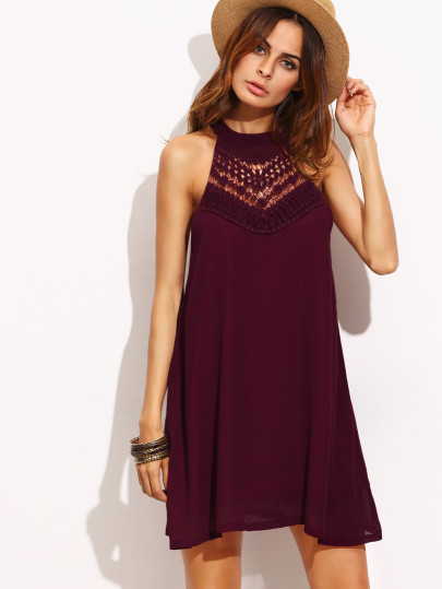 Robe col roulé en croché sans manche - bordeaux