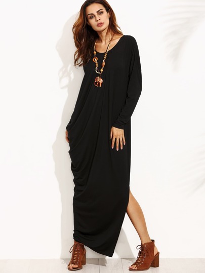 Maxi Vestito Maniche Lunghe Asimmetrico Spacco Laterale - Nero