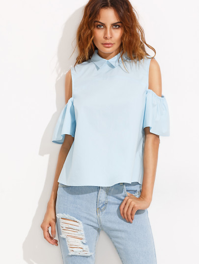 Light Blue Peter Pan Collar Ruffle Cold Shoulder Blouse