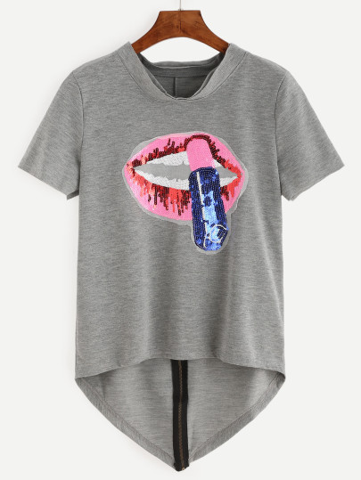 Heather Grey Sequin Lip Zip Back Dip Hem T-shirt