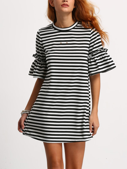 Pinstripe Frill Cuff Tee Dress