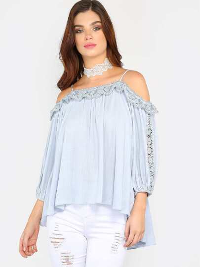 Cold Shoulder Crochet Trim Top BLUE