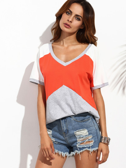 T-Shirt Maniche Corte Collo V - Color Block