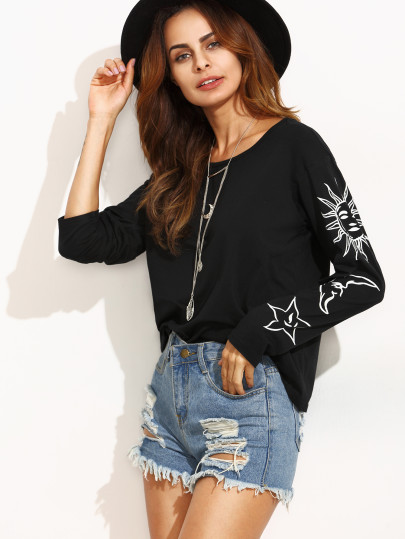 Camiseta estampada escote redondo manga larga - negro