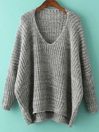 Maglione Scollo V Maniche Batwing Con Orlo - Grigio