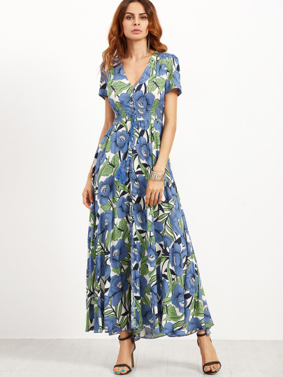 Vestito Stampato Fiore Scollo V Con Bottone Coulisse Vita Elastica