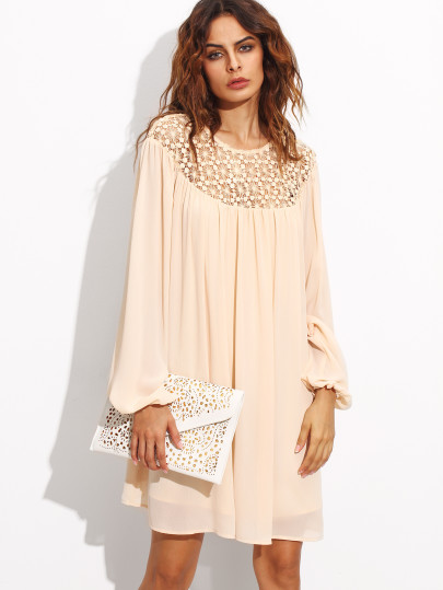 Robe col creux en crochet manche lanterne - abricot