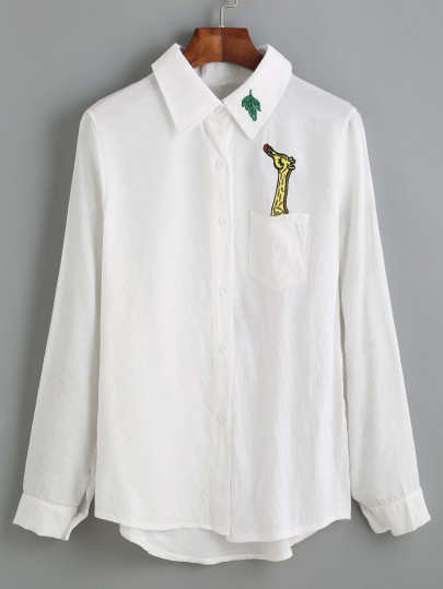 Giraffe Embroidered Dip Hem Shirt With Chest Pocket