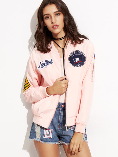 Cazadora bomber con bordado y cremallera - rosa
