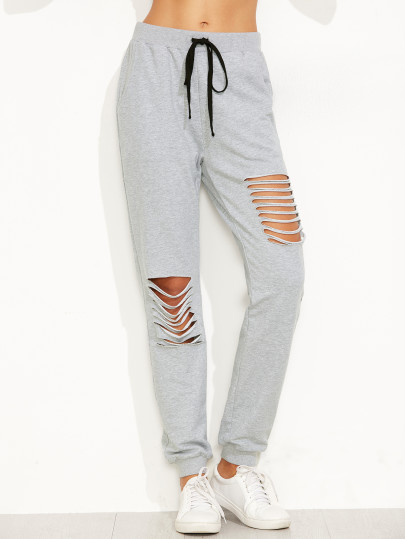 Pantalones con cordón y rocortes - gris