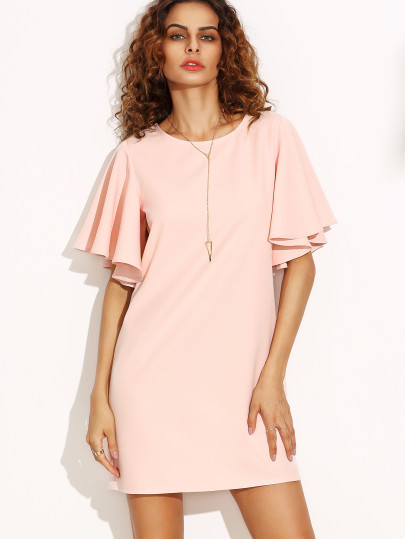 Pink Tied V Back Ruffle Sleeve Dress