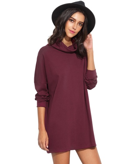 Burgundy Turtleneck Drop Shoulder Sweatshirt Dress