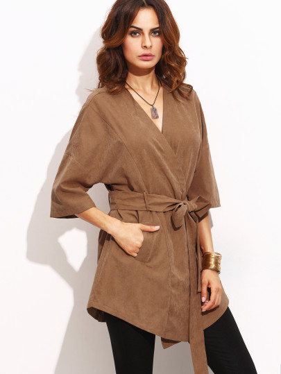 Kimono avec poches lacet mi-manche - kaki