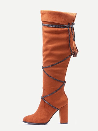 Light Brown Faux Suede Fringe Fold Over Boots