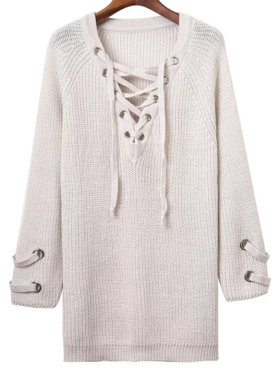 Grommet Lace Up V Neckline Chunky Knit Dress