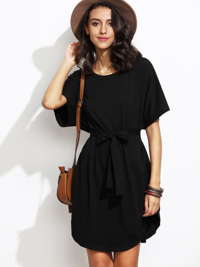 Dolman Sleeve Self Tie Curved Hem Dress