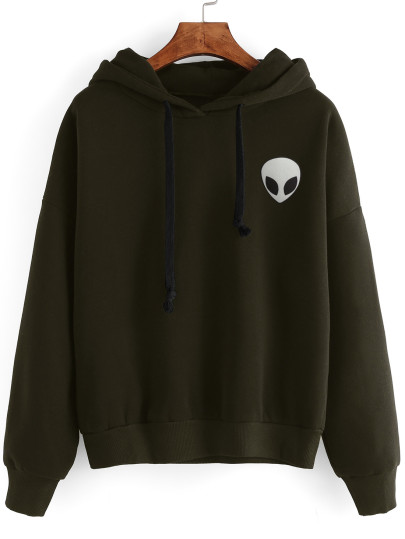 Sweat-shirt motif alien avec capuche - vert kaki