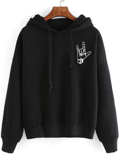 Sudadera hombro caído con capucha y estampado de gesto - negro