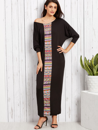 Vestido con estampado étnico hombro drapeado manga larga suelto - negro