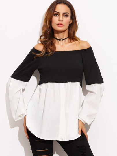 Blouse épaules dénudées manche longue - noir et blanc