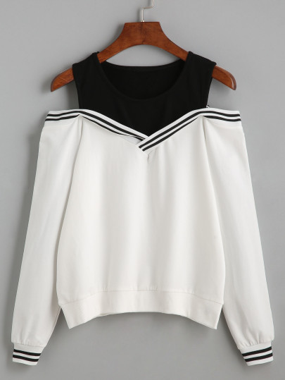 Sudadera con hombros al aire con ribete de rayas