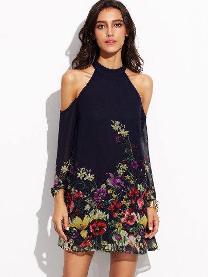 Vestido con estampado flor escote halter hombros descubiertos - marino