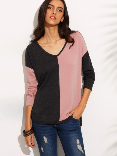 Color Block Drop Shoulder High Low T-shirt