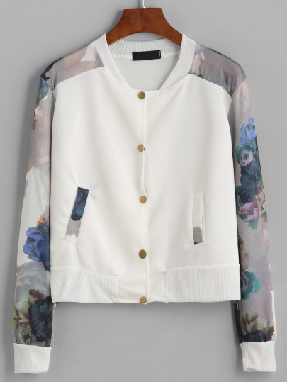 White Flower Print Contrast Sleeve Jacket