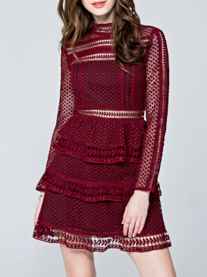 Burgundy Crochet Hollow Out A-Line Dress