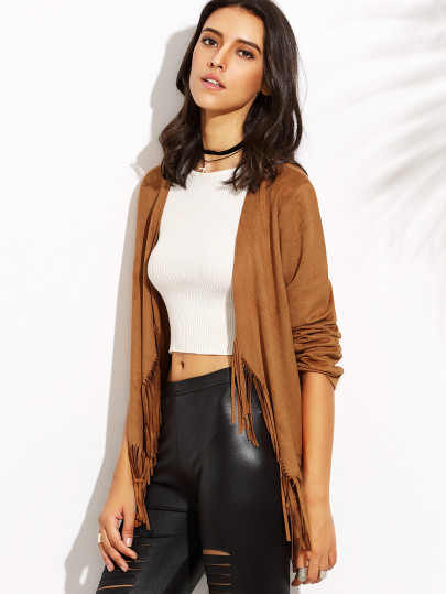 Camel Tassel Hem Long Sleeve Outerwear