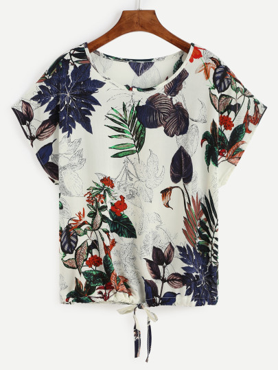 Tropical Print Drawstring Hem T-shirt