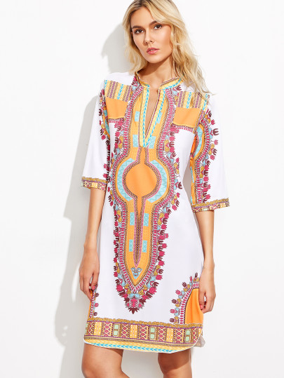 Vintage Print Deep V Neck Elbow Sleeve Tunic Dress