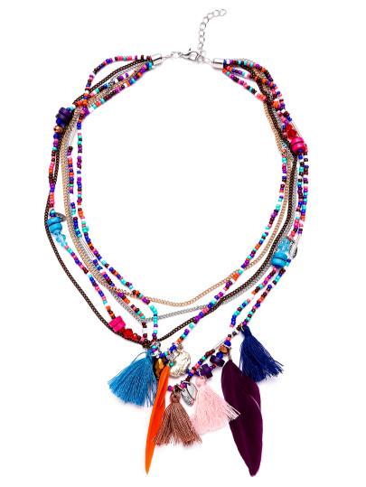 Multicolor Tassel Feather Layered Beaded Statement Necklace