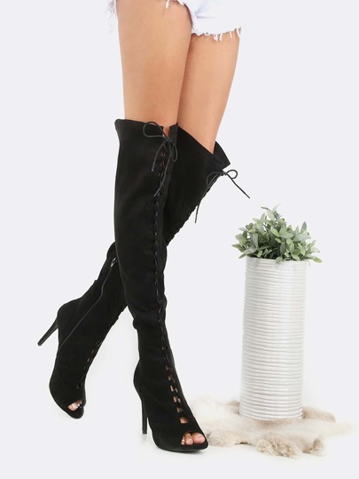 Lace Up Peep Toe Thigh High Boots BLACK