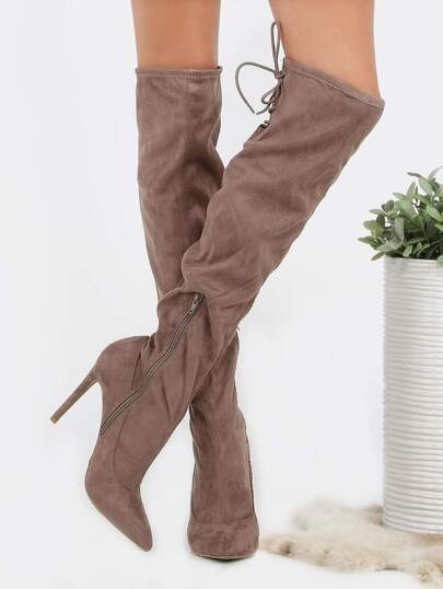 Pointed Toe Lace Back Suede Heels TAUPE