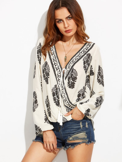Blouse imprimé col V avec lacets - blanc