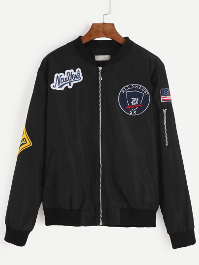Jacket bomber bordado parches cremallera - negro