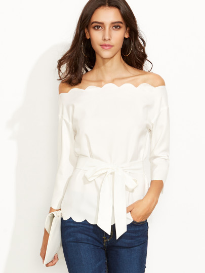 Blouse col bateau avec ceinture - blanc