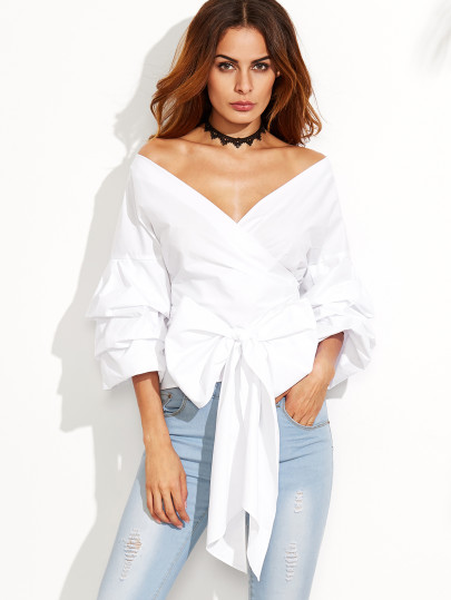 Exaggerated Sleeve Surplice Blouse With Bow Tie