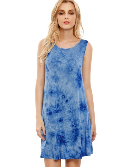 Impresión azul de la impresión del cuello de la gasa Tie-dye Casual Dress