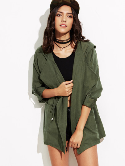 Veste à capuche col châle avec poches - vert kaki