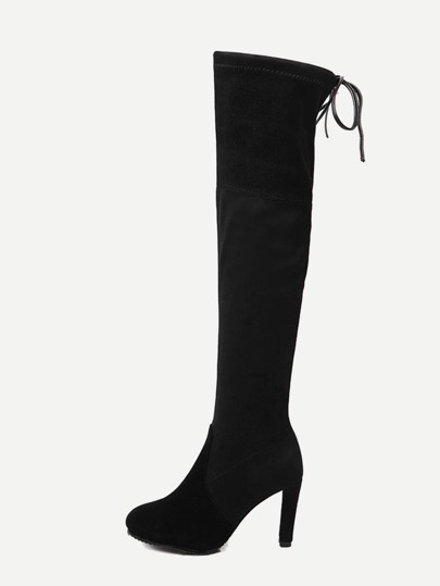 Black Faux Suede Tie Back Knee Boots