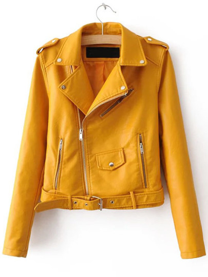 Faux Leather Buckle Belt Epaulet Detail Moto Jacket