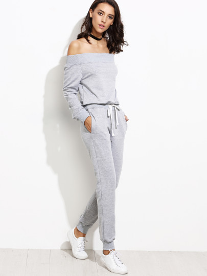 Ensemble top col bateau avec pantalons coulissés - gris