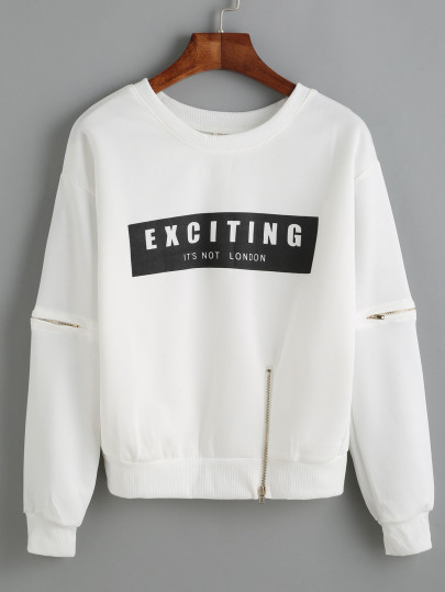 Letter Print Zip Detail Dropped Shoulder Sweatshirt